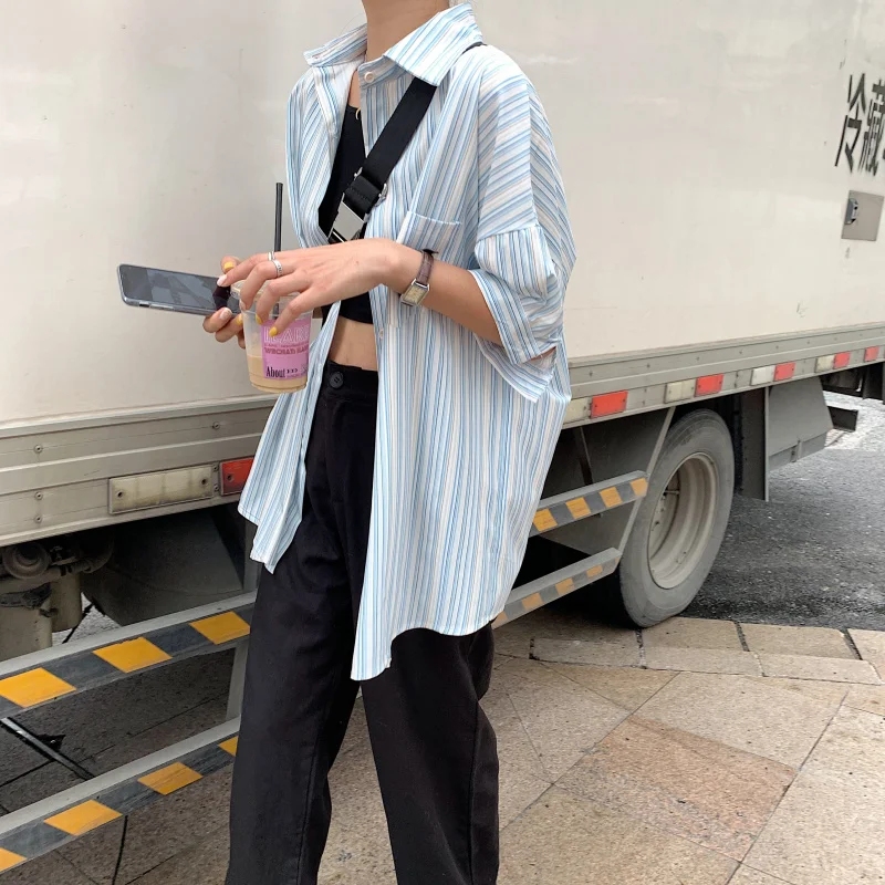 Рубашка женская в синюю полоску повседневная простая тонкая блуза с коротким