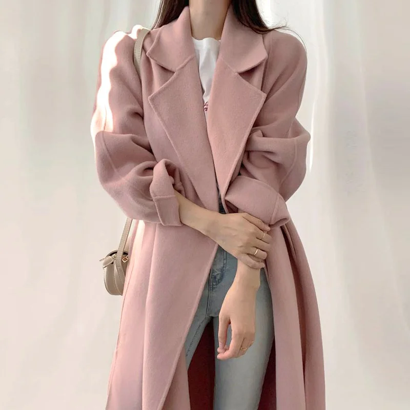

Женское пальто на одной пуговице, свободное твидовое пальто до колен с лацканами и разрезом, пальто в Корейском стиле для зимы