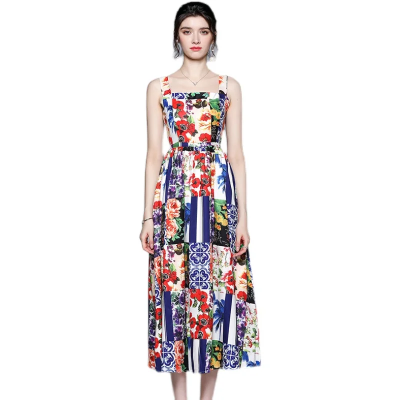 

2021 Summer Floral Elegant Sleeveless Midi Dress For Women Square Collar A Line Long Vintage Party Holiday Dress Vestidos