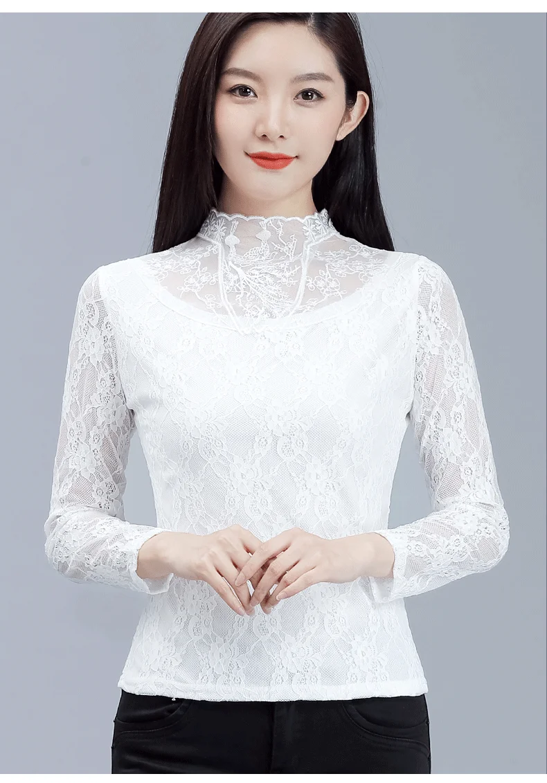 

Lace Hollow Long-sleeved Shirt Female Solid Color Flower Stitching Stand Collar Fashion Casual Pullover Blouses Women Spring