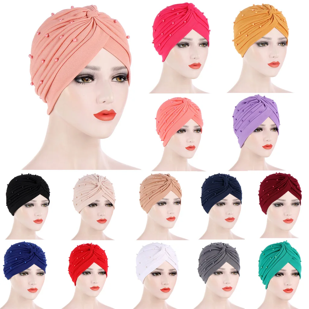 

Helisopus New Muslim Headscarf Cotton Solid Folds Pearl Turban Women Islamic Inner Hijab Caps Arab Wrap Head Femme Accessories