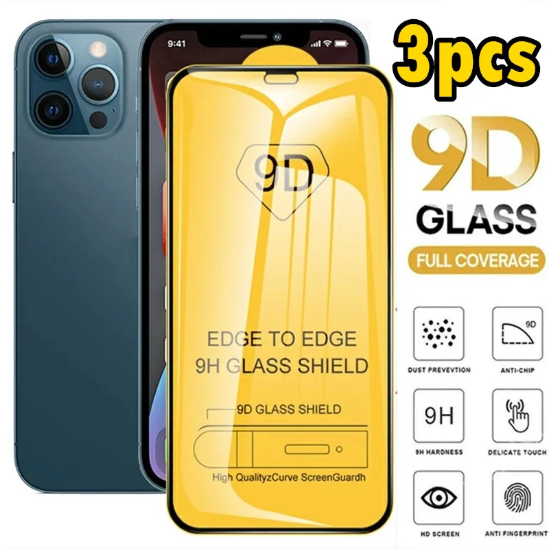 

9D 3PCS Full Cover Tempered Glass on IPhone 11 12 Pro Max XS XR 7 8 6s Plus Screen Protector For iPhone 13 12 11 Protective Flim