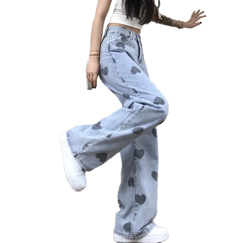 

New High Street Women Jeans Retro Love Print High-waist Casual Denim Pants Trendy Loose Wide-leg Drape Straight-leg Pants Mujer