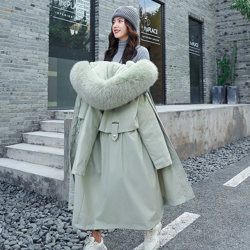 

Fashion Warm Cotton Liner Parker Parka Pop Casual Winter Jacket Women Long Zipper Hooded Parka Fur Collar Coat Female Outwear