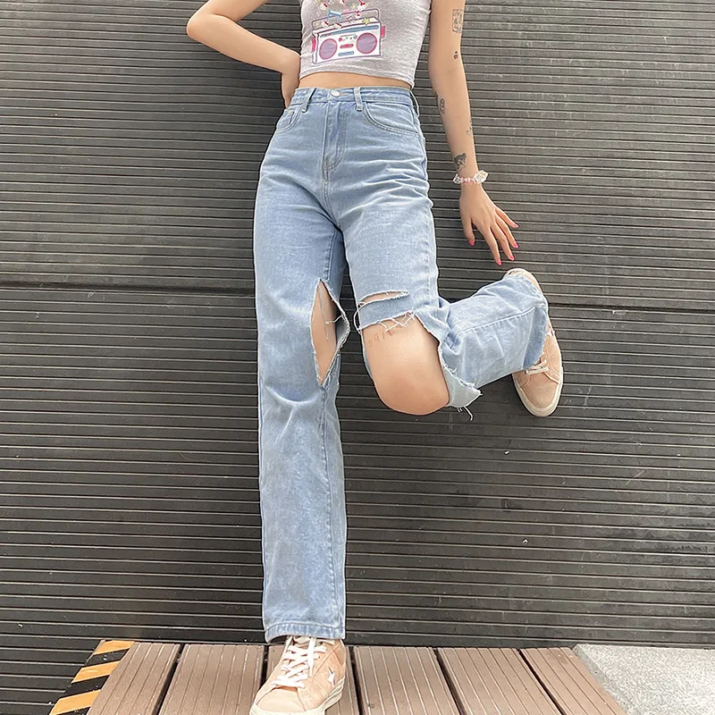 

Fashion Mom Jeans for Women High Waisted Vintage Loose Wide Legs Pants Denim trousers Y2k Streetwear Ripped 90s Jeans 2021 New