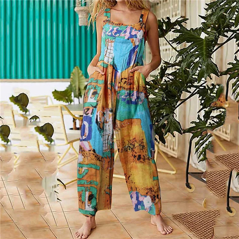 

Women Casual Floral Print Strappy Dungarees Vintage Cotton Linen Loose Party Long Harem Overalls Rompers Jumpsuits 2021