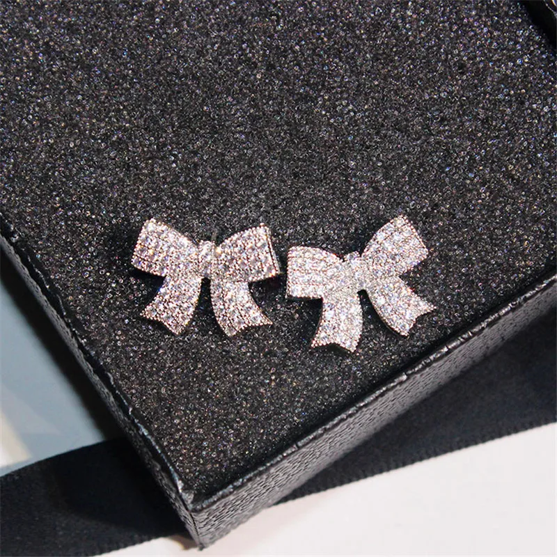 

Charm Female Small Bowknot Stud Earrings Crystal Romantic Silver Color Party Earrings Cute Wedding Earrings For Women