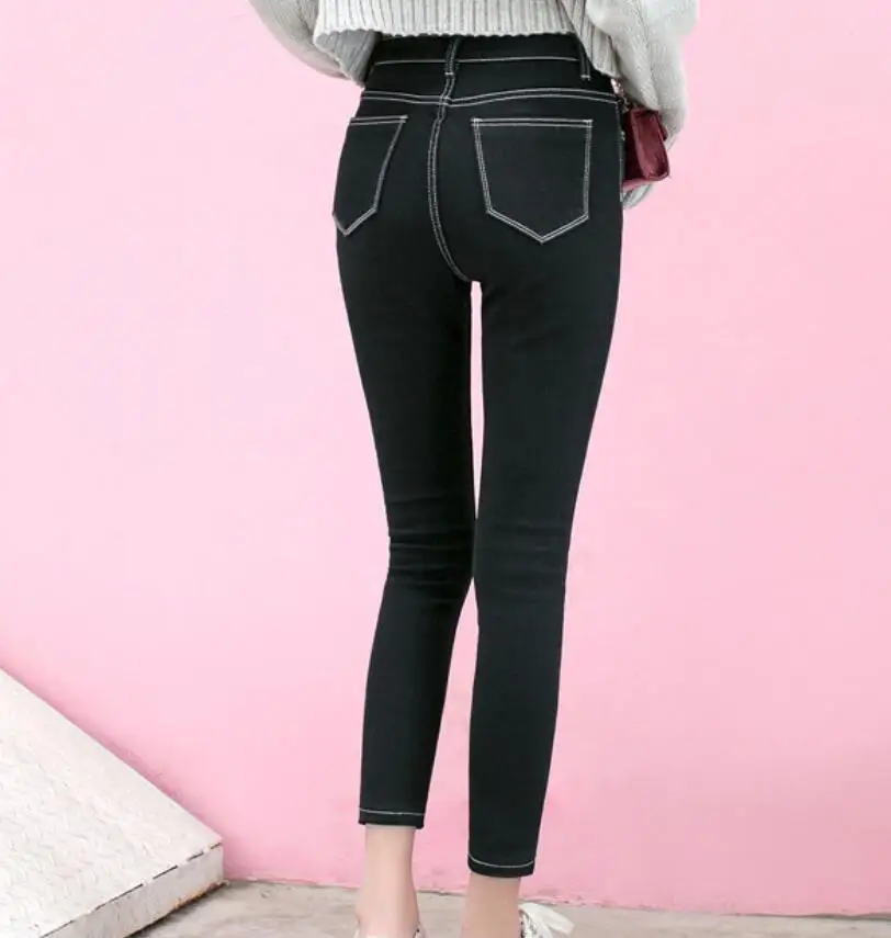 

2019 women trouesre autumn winter slimming elastic plus velvet padded pants female feet high waist warm jeans slim Keep warm