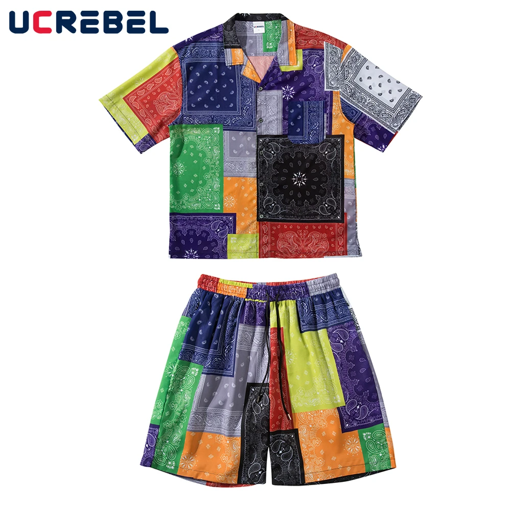 

Повседневный мужской костюм кешью, уличная одежда, костюм из двух предметов, свободный уличный костюм с коротким рукавом и цветами кешью, ле...