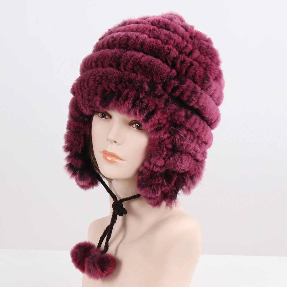 Хорошая эластичная вязаная шапка-бомбер из меха кролика рекс зимняя женская