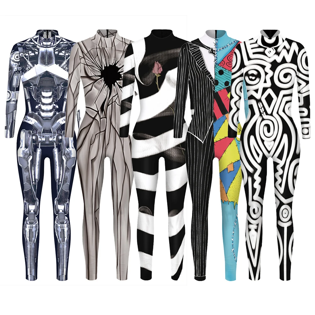

Women Fashion Digital Skeleton Print Jumpsuit Bodycon Party Halloween Costume For Women 3D Print Bodysuit Plus Size 5 Styles