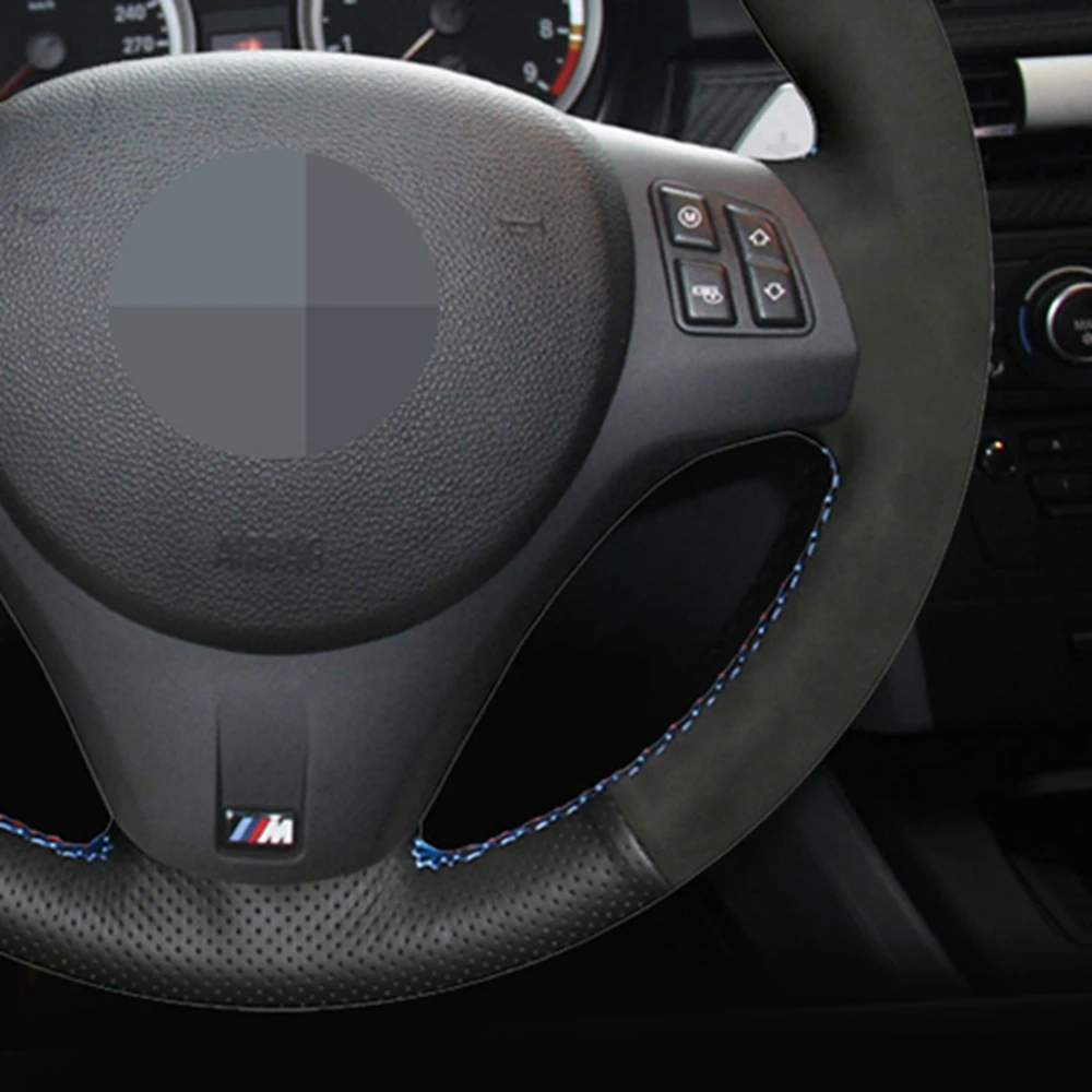 non slip black genuine leather black suede car steering wheel cover for bmw m sport m3 e90 e91 e92 e93 e87 e81 e82 e88 free global shipping