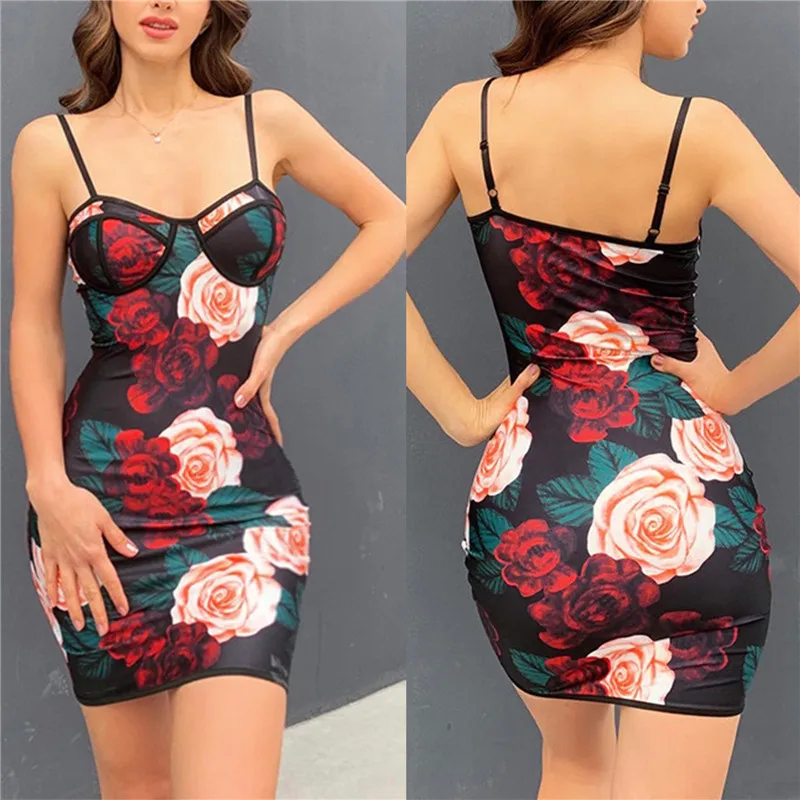 

Women's Sexy Flower Print Sleeveless Sling Dress Casual Low Collar Tight Mini Dress Summer Bodycon One-piece For Dating/party
