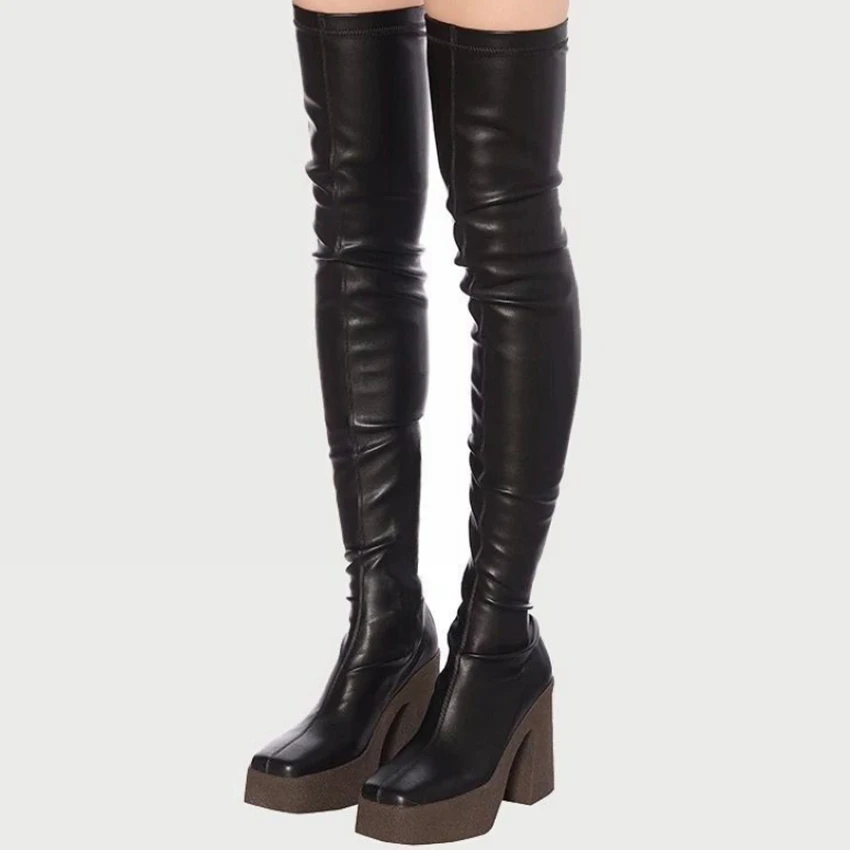 Saltos para Mulheres Sapatos de Inverno Mulher sobre o Joelho Botas de Couro Mulheres Coxa Botas Altas Senhoras Neve Bota Plataforma Sapato Bottine 9.5cm