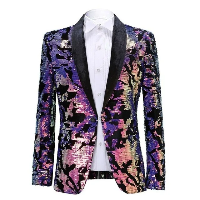 

2020 Fashion Purple Colorful Velvet Sequins Blazer Masculino Slim Fit Men Suit Jacket Stage Singer Costume Shiny Blazers