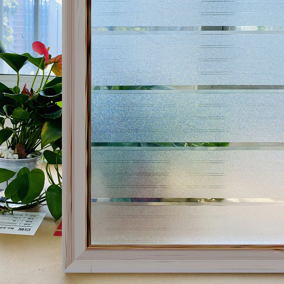 

Privacy Window Film Static Cling Frosted Opaque Glass Film No Glue Window Sticker UV Protection White Stripe Decor for Office