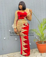 2021 red lace aso ebi evening dresses long sleeves women plus size stain prom gowns lace appliques sheer evening party gown