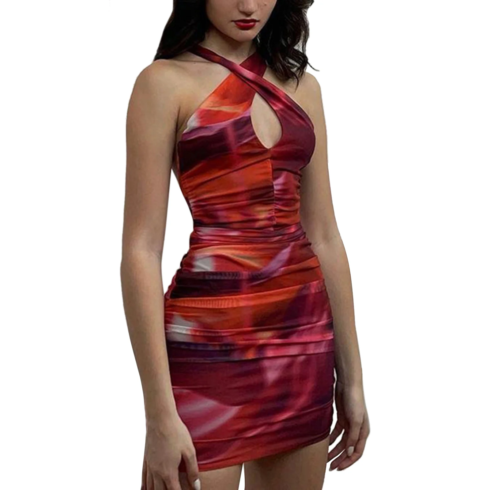 

Women Close-fitting Sexy Dress, Red Deep V-neck Sleeveless Off-the-shoulder