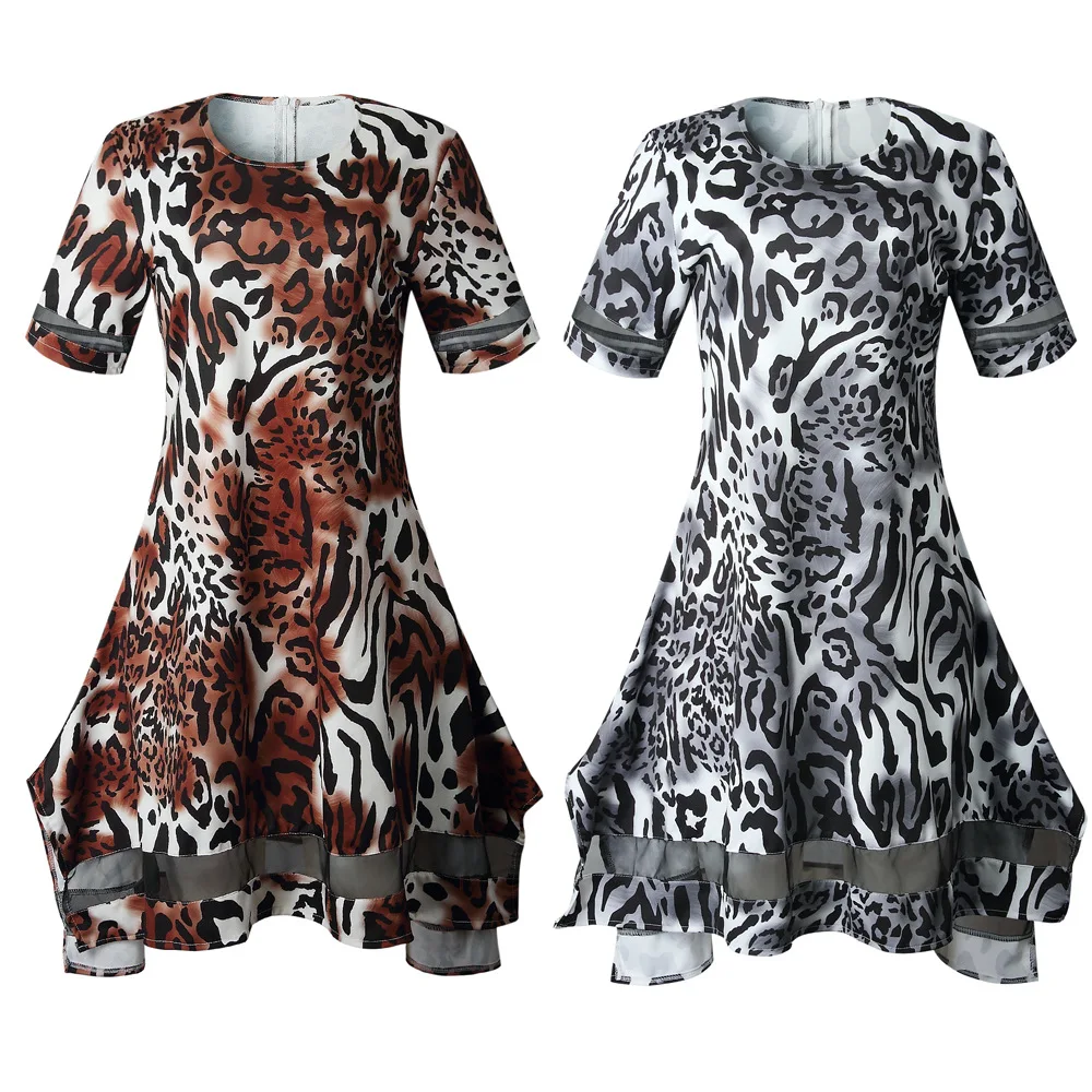 

New casual leopard print plus size dress fashion loose O-neck short-sleeved ladies T-shirt skirt