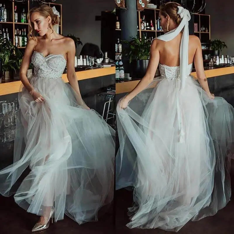 2020 изящное свадебное платье без бретелек из тюля с аппликацией трапециевидной