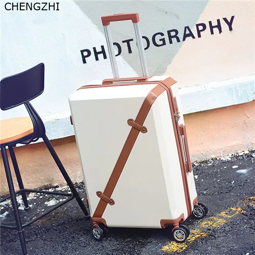 creamy-white CHENGZHI Fashion vintage series 20" 22" 24" 26inch rolling luggage spinner men travel suitcase women trolley bag with wheels - Цвет: creamy-white