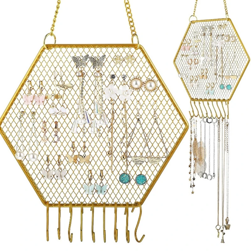 

E56A Durable Hexagon Hanging Earring Stud Wall Mounted Jewelry Organizer Decorative Diamond Grid Shape w/ Hooks for Necklaces