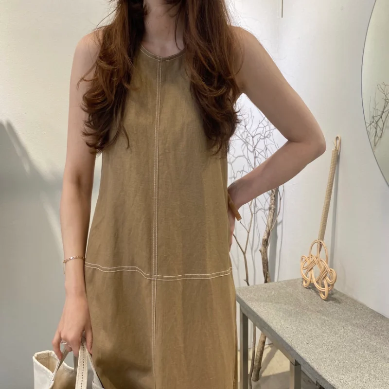 Женское длинное платье-майка из хлопка и льна летнее яркое ТРАПЕЦИЕВИДНОЕ