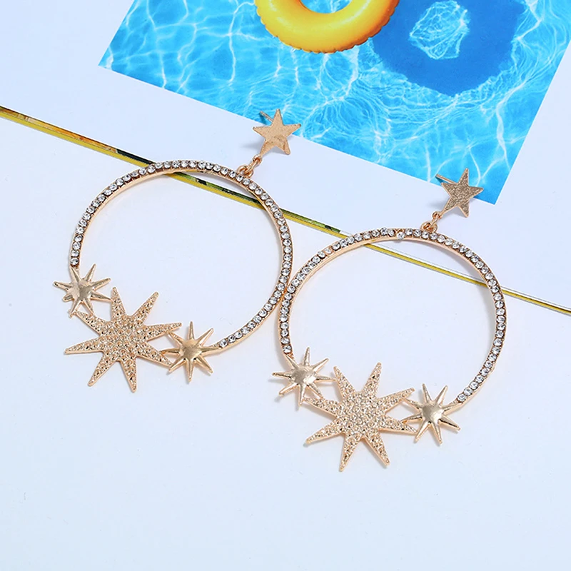Shiny Rhinestone Big Round Circle Women Earring Fashion Crystal Star Pendant Earrings Jewelry Gift | Украшения и аксессуары