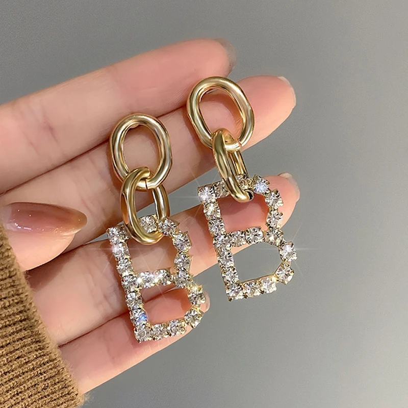 

Trendy Europe and America Alphabet B Inlaid Rhinestone Earring for Women Trendy Sense of Pendant Earrings Girl Friendship Gifts