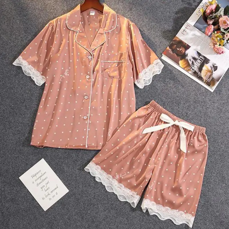 

Pajamas Set Sexy Sleepwear Home Clothes Women Shirt & Shorts Satin Loungewear Lapel Pyjamas Pour Femme Lace Trim Thin Nightwear