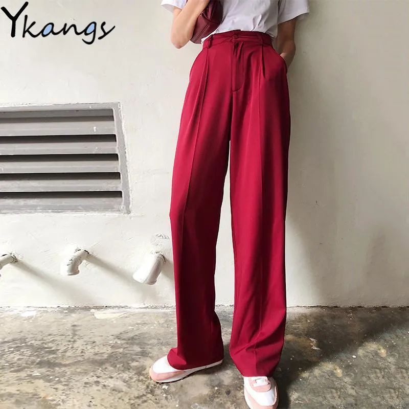 

Прямые повседневные однотонные широкие брюки, женские уличные длинные шикарные свободные брюки с высокой талией, женские офисные фиолетов...