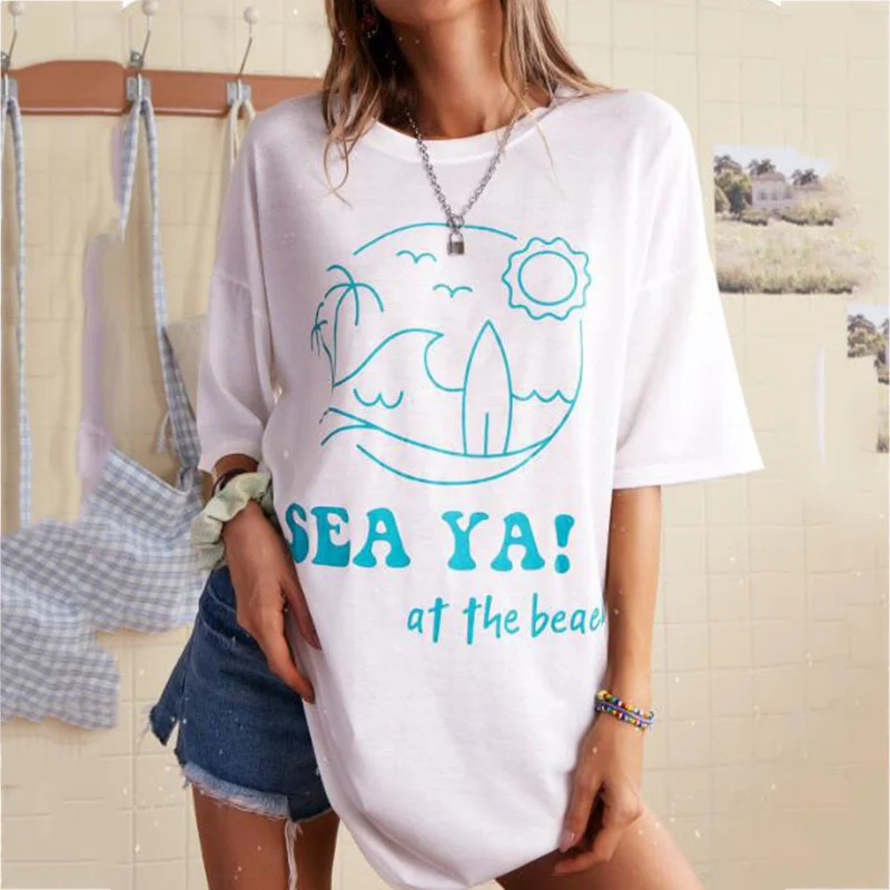

White Sea Wave Print Loose Beach Fashion Graphic T Shirts Women Streetwear Top New Summer Plus Size Short Sleeve Casual T Shirt