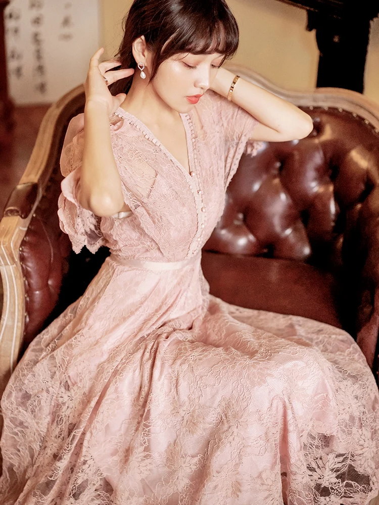 

French Tight embroidery Women's Lace Sexy Long dress2020New summer Long sleeve Elasticated waist Elegant retro Women's dress XL