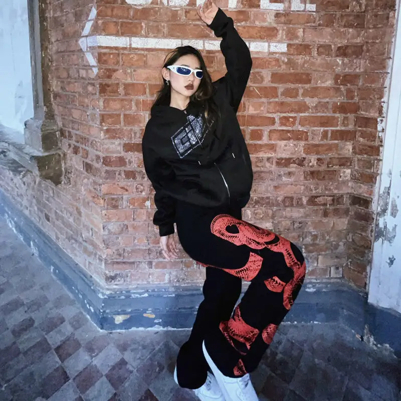 

2021 street punk pants personality Red Snake Print Black Jeans Women's loose straight Wide Leg Jeans y2k jeans women jeans