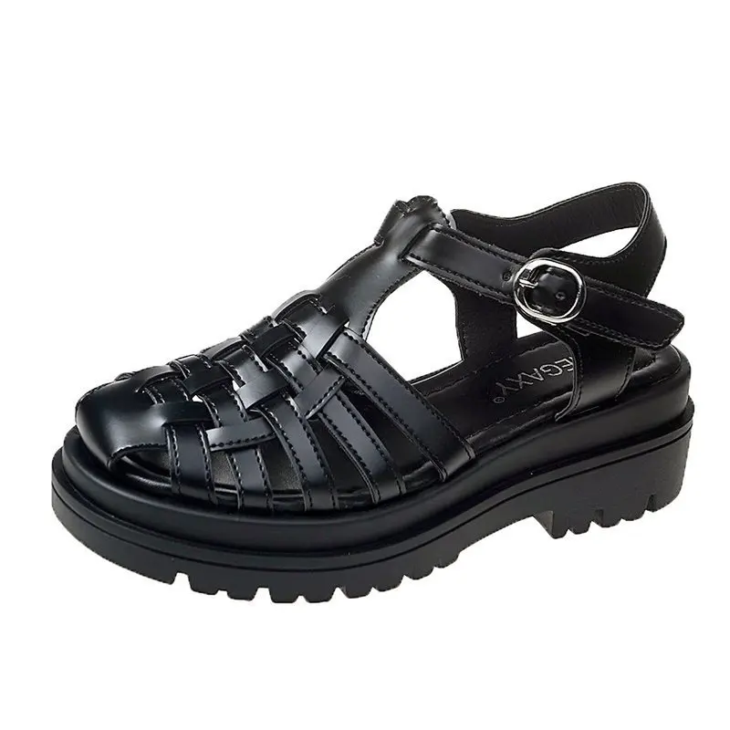 

Korean Shoes Round Toe Clogs Platform Shallow Mouth Casual Female Sneakers 2021 Summer Creepers New PU Rome Basic Fabric Solid H