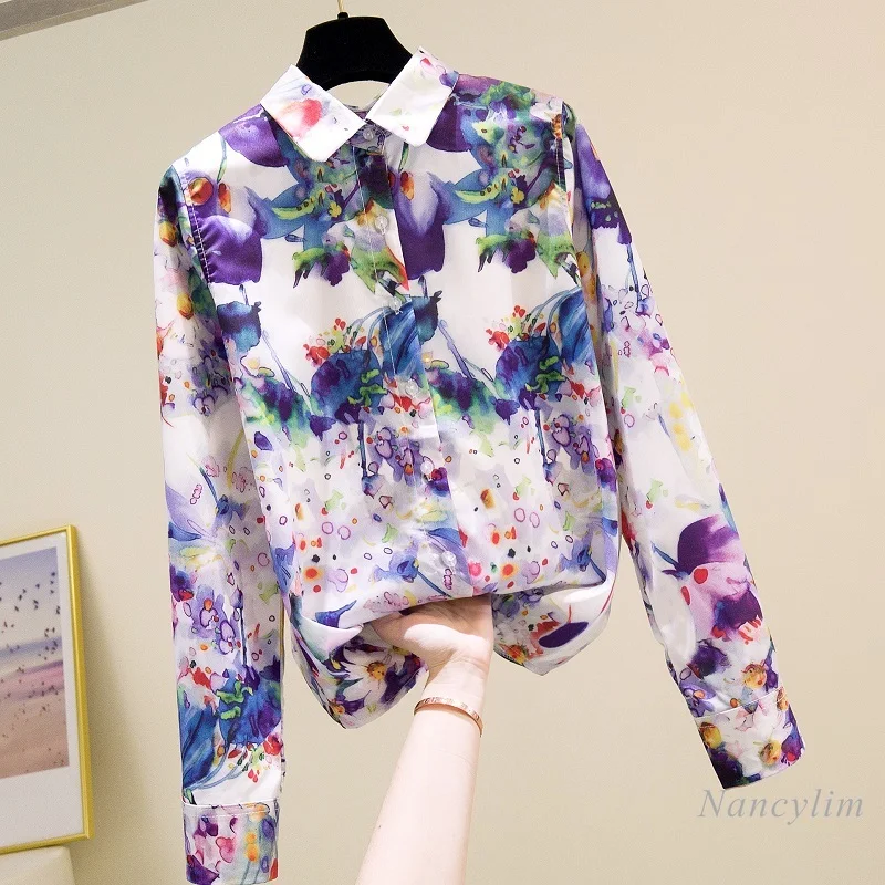 

Korean Style Long Sleeve Shirt Women's 2021 Spring Autumn New Flower Printed Lapel Blouse Lady Tops Nancylim