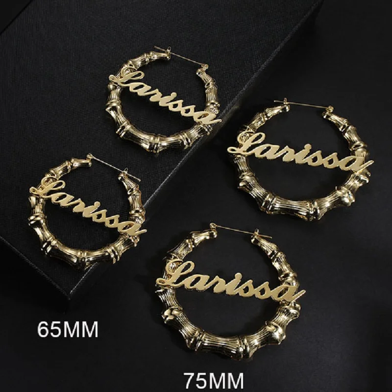 

Custom 30Mm-100Mm Bamboo Hoop Earrings Customize Name Earrings Bamboo Style Personality Earring With Statement Words Hiphop Sexy