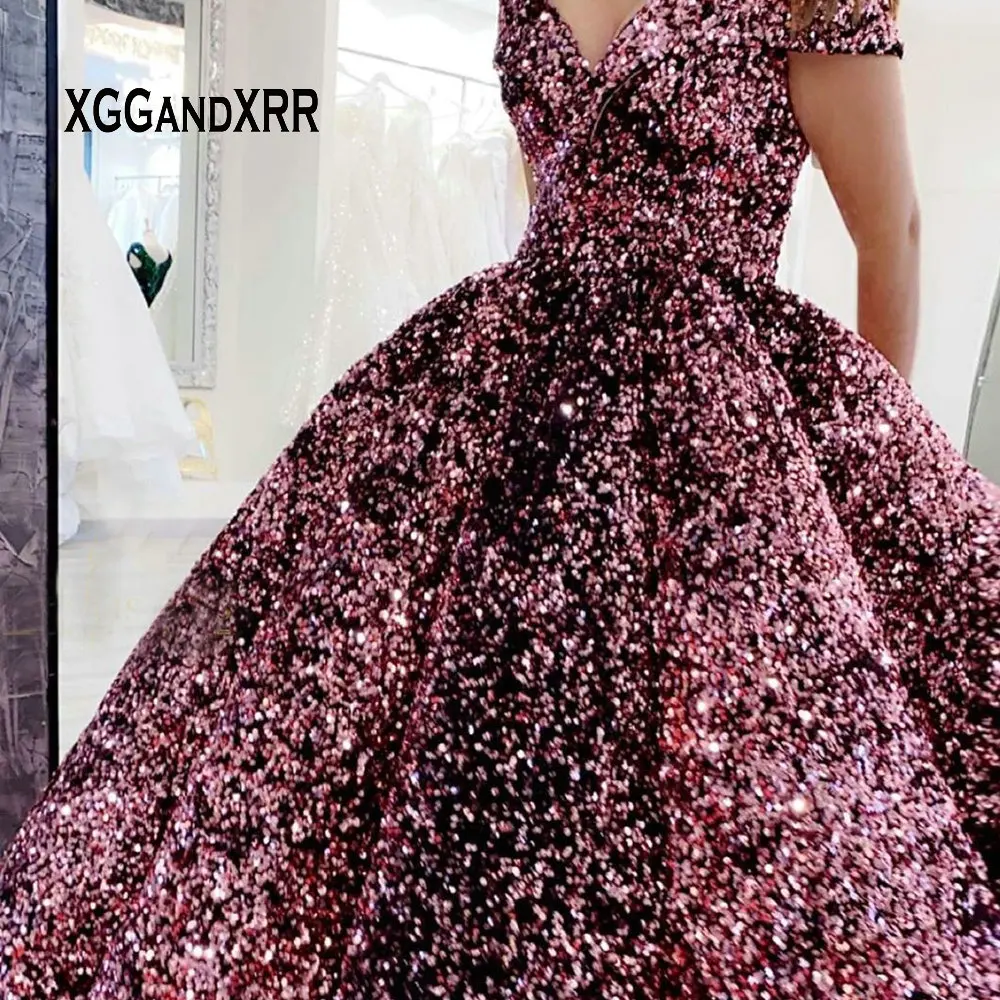 Luxury Burgundy Prom Dress Long 2020 Off Shoulder Sequin Lace Up Ball Gown Formal Dresses Sexy Reflective Pageant Evening Gowns