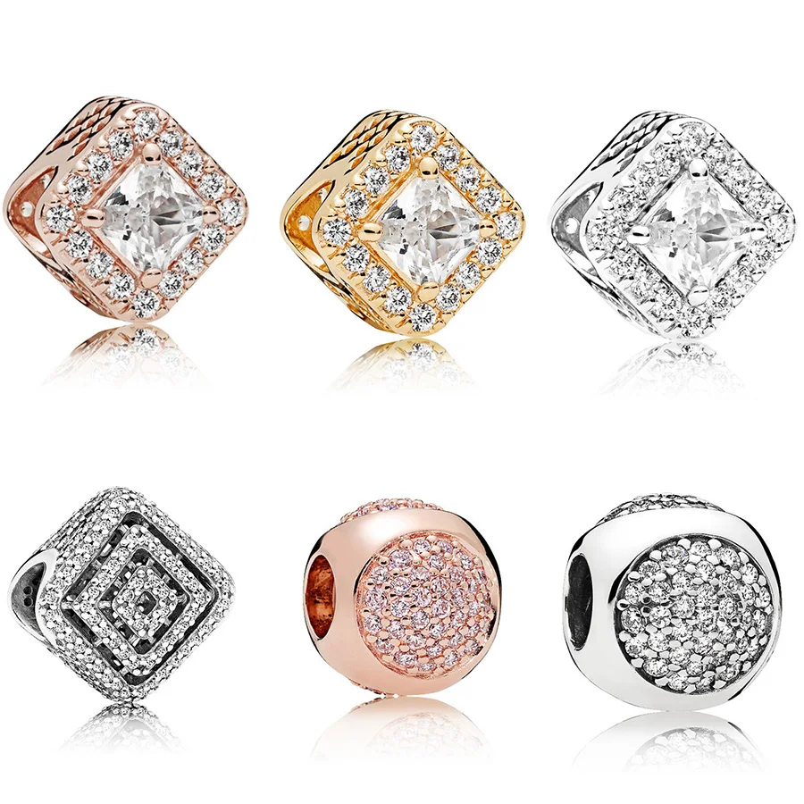 

925 Sterling Silver Square Shape Round Style Full Crystal Cz Beads Charms For Women Pandora Bracelets Jewelry