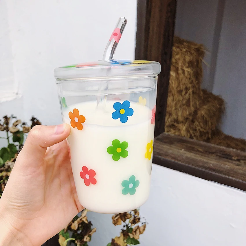 Taza de café de vidrio de flores de colores con tapa de paja, jarra transparente de 350ml, vasos de leche de paja para adultos y niños, borosilicato Gla