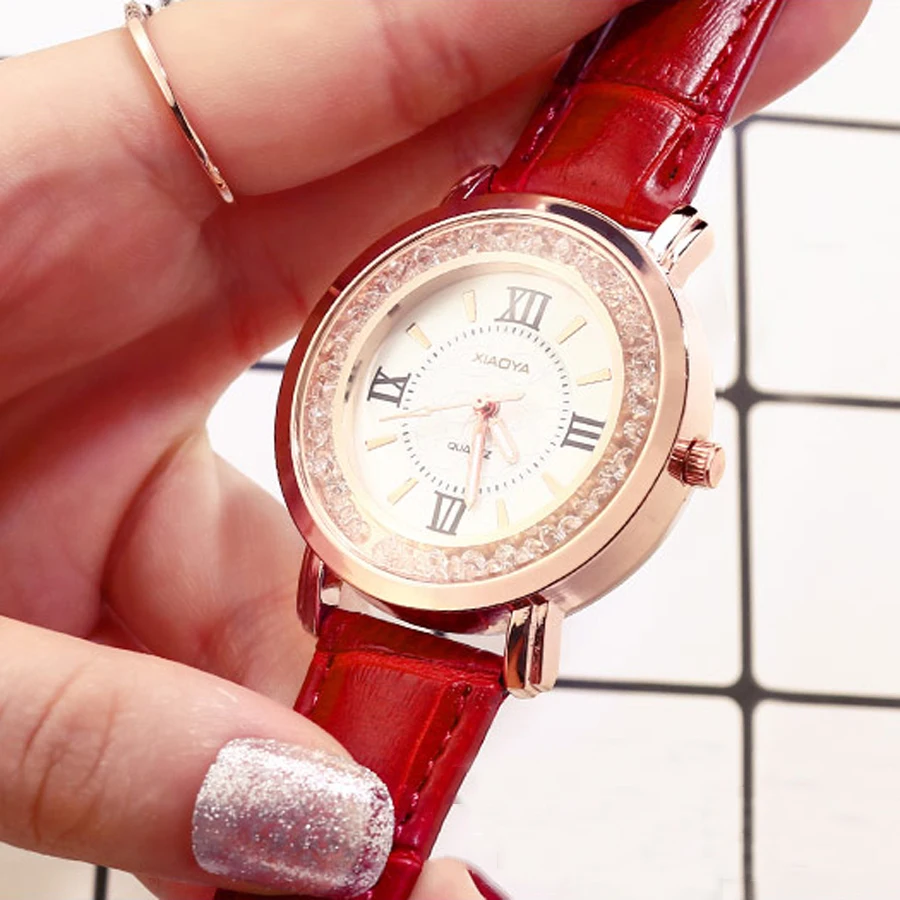 Женские кварцевые часы со стразами браслет с кожаным ремешком 2019|Женские