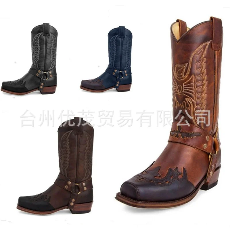 

2020 winter new embroidered Square Head thick heel middle boots women's Boots