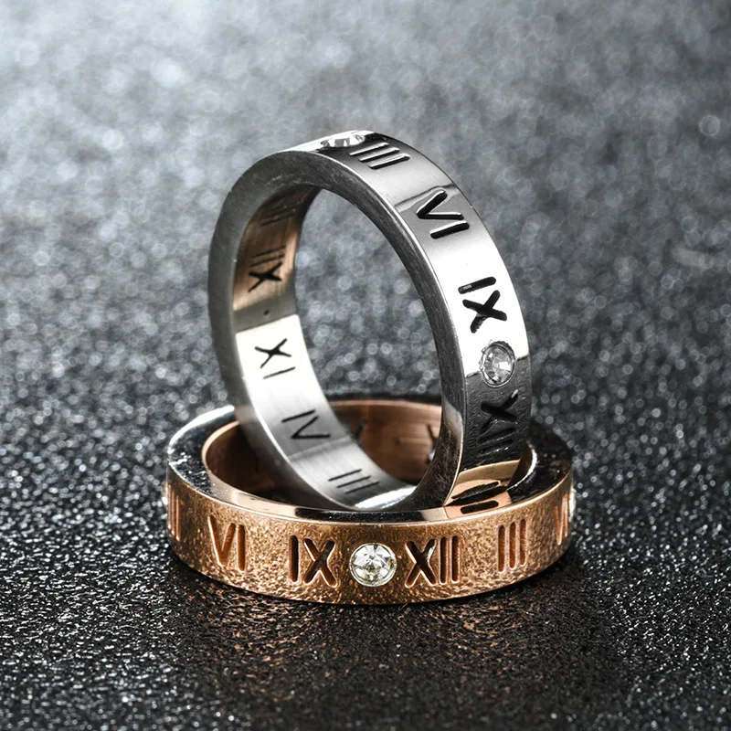 

Women Stainless Steel Jewelry Roman Numerals Finger Rings CZ Crystals Trendy Party Silver Gold 2Colors Couple Love Ring