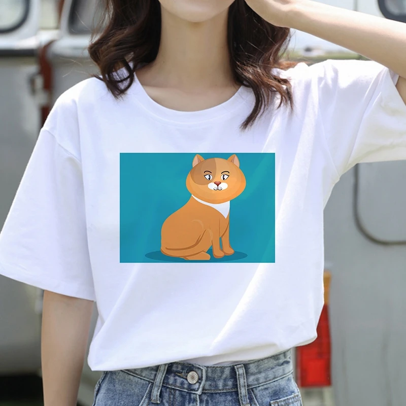 

Women summer Cute Cat printed o-neck t-shirt ladies summer casual T-shirt summer hot selling clothing Vogue kawaii cat T-shirt