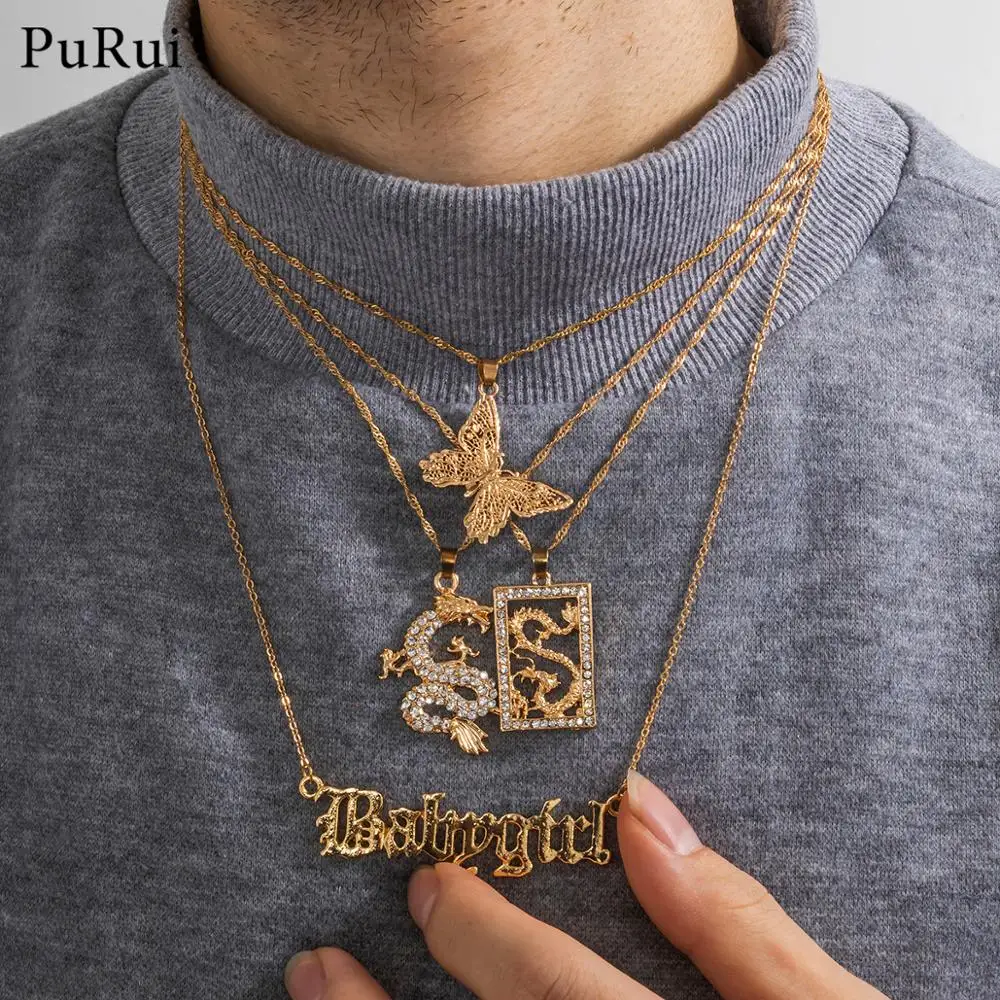 

Multilayer Long Chain Necklace for Women Men Gold Color Crystal Dragon Babygirl Letter Pendant Butterfly Choker Necklace Jewelry