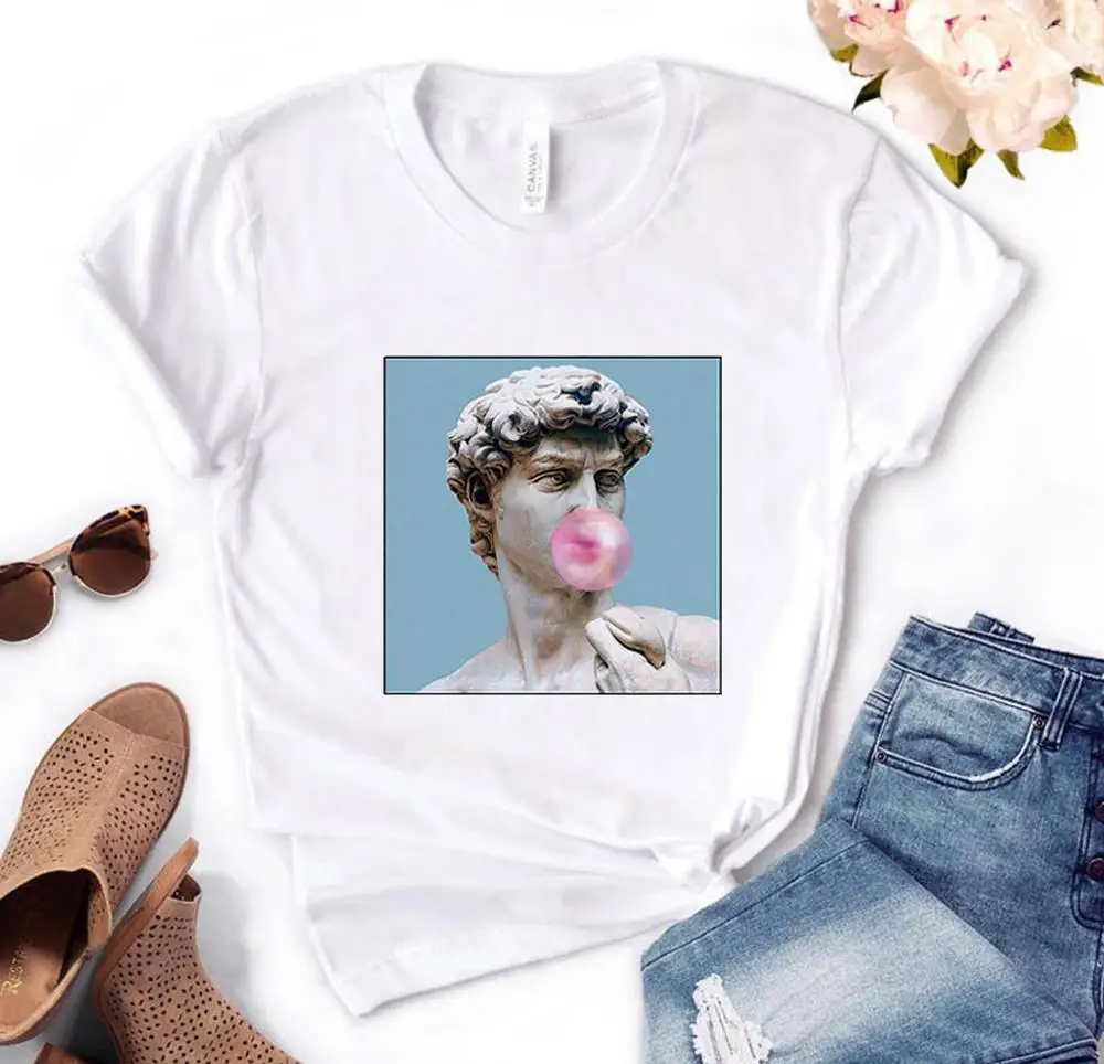 

Michelangelo David Statue Bubble Print Women tshirt Cotton Casual Funny t shirt Gift For Lady Yong Girl Top Tee PM-142