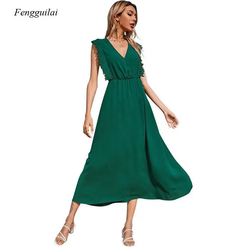 

2021 Ladies Dress Solid Color Loose Sleeveless Ruffle Beach Holiday Dress Elegant Woman V-Neck Long Dress