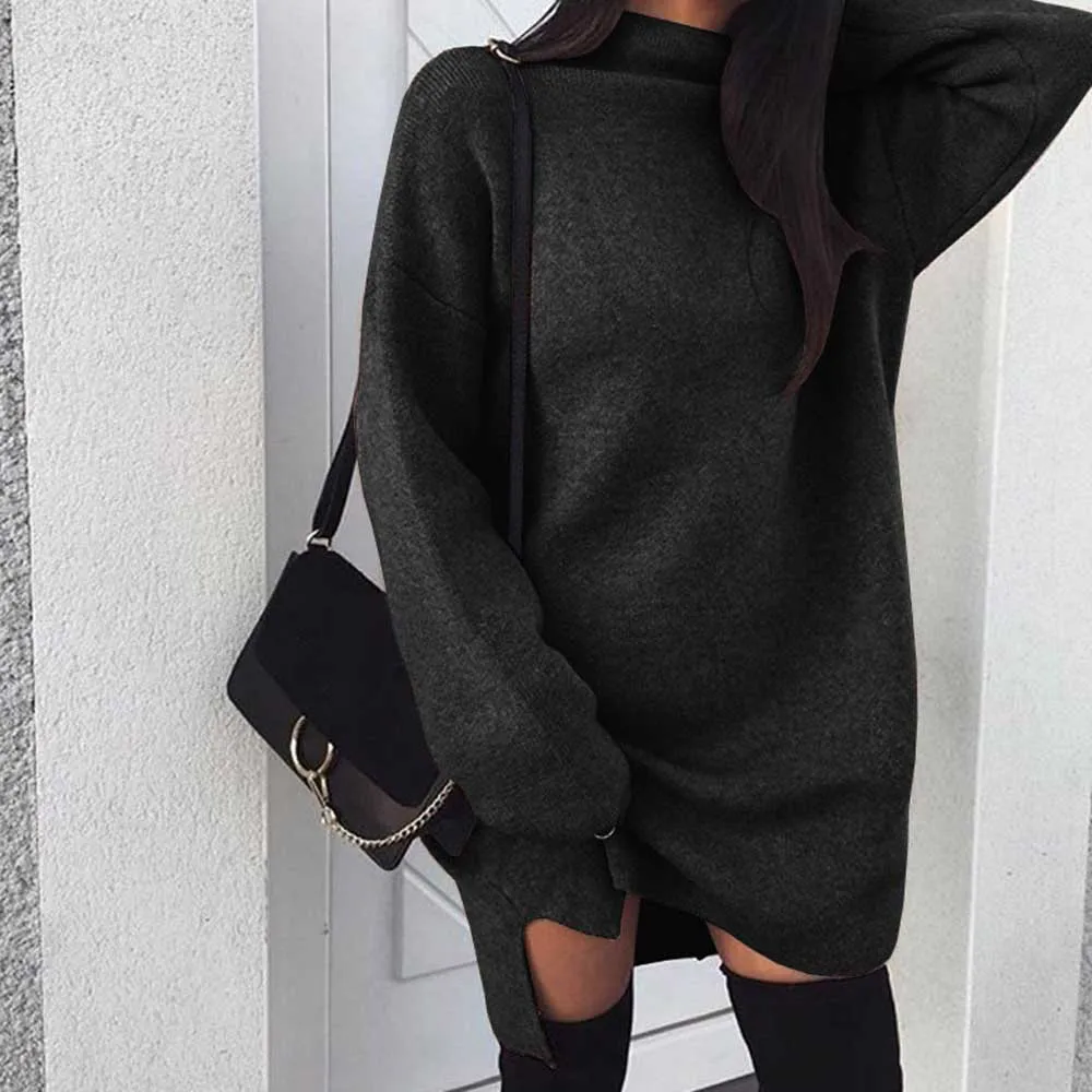 Женское платье с высоким воротником на осень и зиму теплый короткий свитер