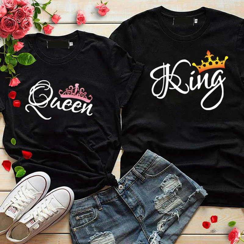 

KING QUEEN Crown Print Short Sleeve Casual Couple T-Shirt New Style Letter Women Summer Tops Sexy Women T Shirt