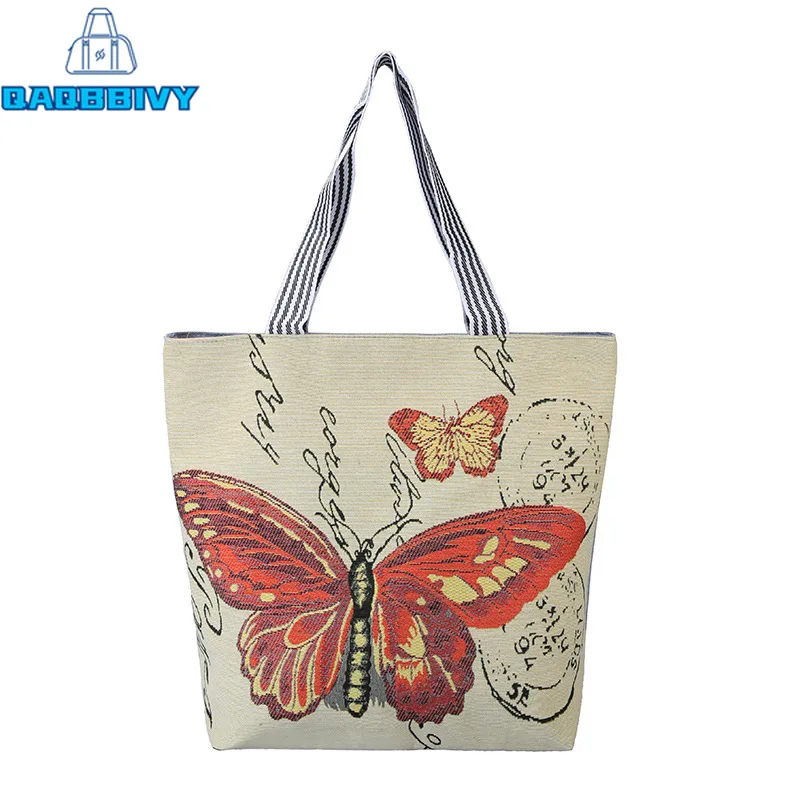 

New Women's Ethnic Style Cartoon Embroidery Canvas Handbag Female Casual Tote Ladies Large Capacity Shopping Bag Shoulder Bags